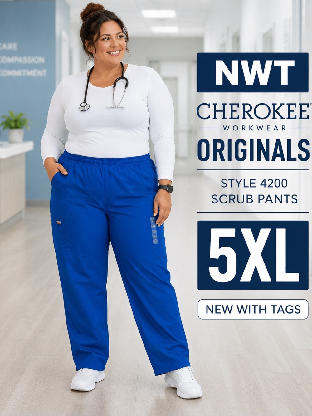 NWT Cherokee Workwear Originals 4200 Royal Blue Scrub Pants 5XL Plus Size